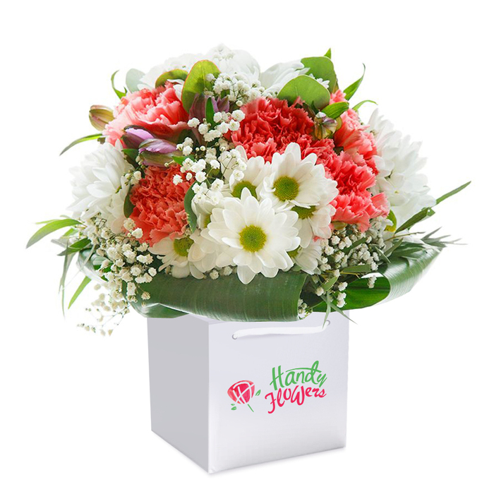 Set against a polished white background, this sophisticated bouquet is thoughtfully hand-arranged in an angular white gift bag by Deptford Florist, reflecting the vibrancy of SE8's close-knit community. Blossoms of coral-pink, peach, and commanding red carnations open outwards, their ruffled petals forming soft waves, and injecting warmth and colour reminiscent of lazy afternoons by Deptford Market Yard. Snowy white daisy chrysanthemums, centered with lively greenish-gold, bring light to the design, while featherweight sprigs of white baby's breath settle gently, lending a misty softness throughout. Look closely to spot the subtle hints of unopened purple-tipped buds, adding intrigue and a sense of natural progression. The entire arrangement is borne on a cradle of lush dark green foliage; some leaves fan wide, glossy and strong, forming an organic collar that holds the bouquet's fullness together. The white bag's ribbon handles provide sturdy support for easy transport to new parents at Lewisham Hospital or friends along Deptford High Street. This image radiates freshness, care, and celebration-an emblematic arrangement from Deptford Florist, ideal for commemorating milestones, sending birthday wishes, or offering comfort with the natural language of flowers.