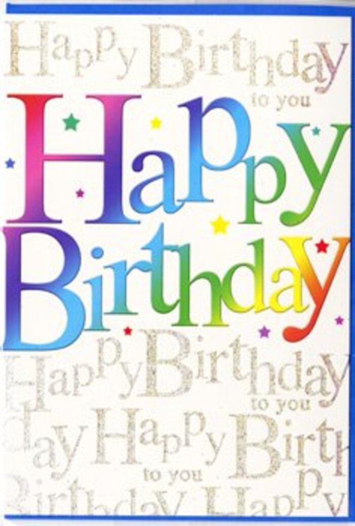 A joyfully designed birthday card fills the image, delivering the same upbeat spirit you might feel walking past vibrant flower buckets outside shops in Deptford. The dominant feature is the phrase Happy Birthday, spelled out in big, playful letters that take centre stage. Each letter carries a different colour, forming a continuous rainbow stretch that drifts from rich crimson into sunny orange, bright buttercup yellow, lush green, seafoam, sapphire blue, and royal purple. Soft gradients and gentle shading give the characters a slightly rounded, cushiony appearance, as though they were carefully painted with an airbrush or printed on soft fabric. The style of the lettering is modern and expressive yet easy to read, inviting the viewer into the celebration. Beneath and behind this vibrant greeting, the card is entirely overlaid with delicate gold script repeating Happy Birthday to you. These slender, looping lines slant diagonally across the surface, weaving between the spaces like golden ribbons. The metallic ink catches the light, producing a fine, scattered shimmer similar to the glow of evening lights along Deptford's streets. Here and there, tiny star shapes and specks of coloured confetti peek out between the lines of text, adding just enough sparkle to suggest a joyful gathering without crowding the design. The background itself appears light and slightly pearlescent, supporting the shine of the gold and the saturation of the rainbow lettering. Overall, the card conveys a bright, heartfelt sense of celebration-an ideal companion to a birthday bouquet being delivered to friends and family across Deptford, from creative lofts near the station to quiet homes beyond the main road.