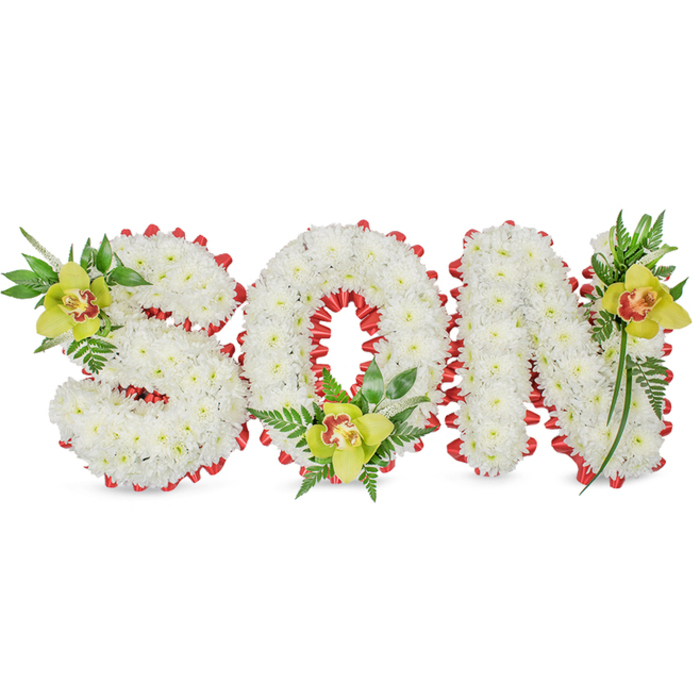 Presented against a clean white backdrop, this heartfelt memorial spells out SON in substantial, three-dimensional letters composed of countless small white chrysanthemums, each bloom placed to create a seamless, cloudlike surface and soft tactile depth. A bright red ribbon loops around every letter in a scalloped, continuous edge, the folds sitting like careful stitches that define the shape and add a bold, consoling pulse of colour. Within the circular opening of the 'O' the red ribbon is especially visible, framing a central void that holds a lime-green Cymbidium orchid with a warm reddish-brown centre; matching orchids punctuate the upper left of the 'S' and the upper right of the 'N', their waxy texture and pale citrus-green tones offering elegant contrast. Around each orchid, fine fern fronds and longer glossy leaves arc naturally, lending a garden-like softness and a sense of upward movement that lifts the composition. The combined textures-the chrysanthemums' matte softness, the orchids' polished petals, the crispness of the foliage, and the satin sheen of ribbon-create a quietly refined statement of remembrance. This arrangement reads as both craftsmanship and compassion, intended for funeral chapels, graveside services, or memorial displays honouring a much-loved son. A local florist familiar with Deptford Creek, Deptford Park and the nearby New Cross community would make such a tribute with attention to freshness, proportion and the restrained dignity that families seek at a time of loss.