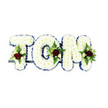 A tender, dignified tribute spells out the name TOM in three-dimensional letters, each letter formed from a dense carpet of small, pristine white chrysanthemum heads that read as soft, pillowy masses of bloom. The perimeter of every letter is crisply traced with a royal blue satin ribbon, its cool pigment creating a defined frame against the pure whites and lending a quiet formality to the composition. Nestled into the centre or along the lower curve of each character sits a carefully balanced spray: a single, velvety dark red rose anchors the cluster, accompanied by smaller creamy-white spray roses and slender fern fronds that fan out like gentle green filigree. The contrast between the rose's deep, sorrowful hue and the chrysanthemums' serene white is amplified by the subtle sheen of the ribbon and the tactile volume of the blooms. A slim dark green or black metal support bar is discreetly visible beneath the base, the practical scaffold that keeps the letters upright at a chapel service or beside a graveside. The arrangement rests against a stark white background in the photograph, which heightens the colours and makes the floral textures easy to read even from a distance. In soft, cool daylight-imagine the glow that filters through high church windows or the muted morning light near Deptford Market Yard-the fragrance is faintly floral and reassuring: the honeyed, green-sweet note of chrysanthemums with the deeper, spicy perfume of the red roses. This is a classic bespoke memorial piece, crafted with the restraint and care suited to funeral use, intended to offer comfort and a visible, personal message of remembrance for family and friends gathered to say goodbye.