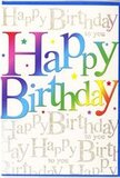 The scene presents a colourful birthday card whose design seems to hum with the same lively energy found around Deptford Market Yard. Dominating the front, the words Happy Birthday are written in large, rounded letters that sweep across the card with cheerful confidence. Each individual letter is drenched in a vivid colour, forming a smooth rainbow progression from bold red through orange, yellow, fresh green, teal, deep blue, and rich violet. Subtle shading and highlights within the letters add a touch of depth, making them appear slightly raised and almost velvety, like carefully piped icing on a celebratory cake. Behind this bold statement, the background is entirely filled with repeating lines of elegant gold script that spell out Happy Birthday to you. The cursive text flows diagonally, with fine loops and curves that resemble strands of golden thread woven lightly across the surface. The metallic ink glints softly when the light hits, giving the card a refined sparkle that contrasts beautifully with the strong central colours. Tiny star-like flecks and hints of confetti-coloured dots are scattered between the words, enhancing the festive atmosphere without making it look busy. The card's finish appears smooth and gently glossy, allowing the colours and gold accents to stand out crisply. Altogether, the design radiates joy, warmth, and a sense of occasion-exactly the sort of birthday card you might choose to accompany a fresh, hand-tied bouquet delivered by Deptford Florist to a loved one celebrating in a flat above the high street, a riverside apartment, or a cosy home tucked away on a quieter side street.